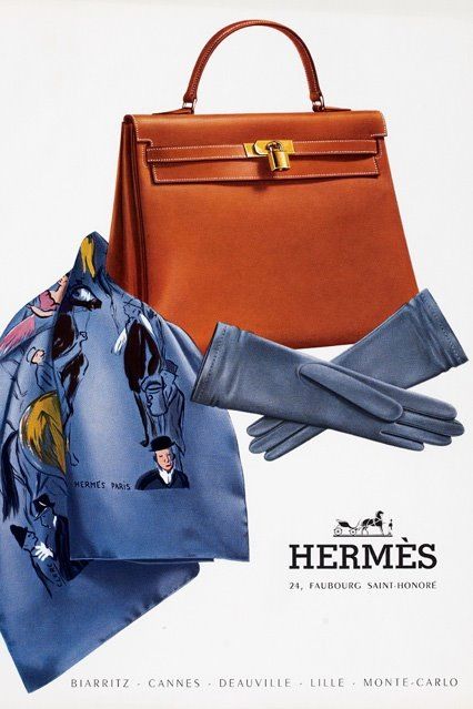 Scarf functions iconic Hermes-Advert-Hermes-Kelly-handbag-poster-Hippodrome-scarf-gloves-same-color-1957.jpg