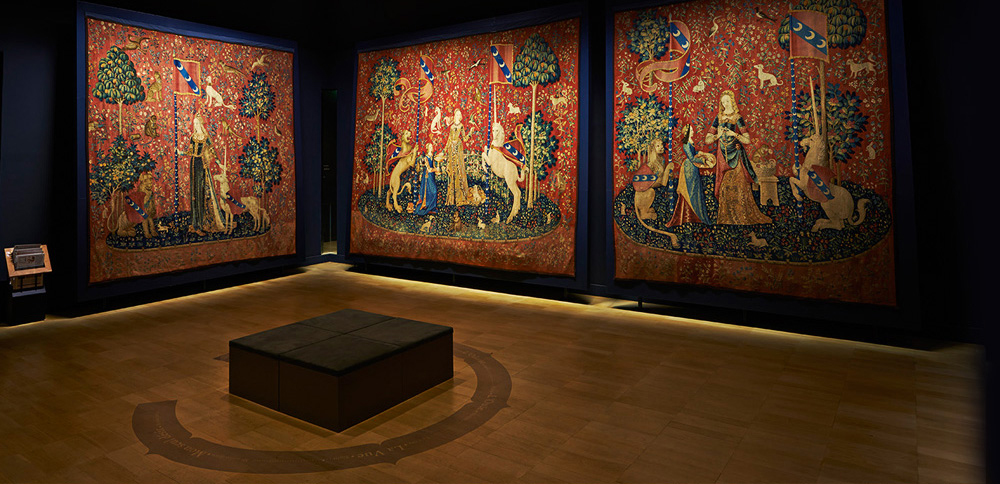 Tapestry weaving colorful textile-Tapestries-Touch-Sight-Smell-Lady-and-Unicorn-millefleurs-Flanders-wool-silk-cartoons-Paris-1500-Cluny-Museum-Paris.jpg